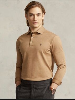 tan long-sleeve polo shirt is a Polo Ralph Lauren men's custom fit shirt.